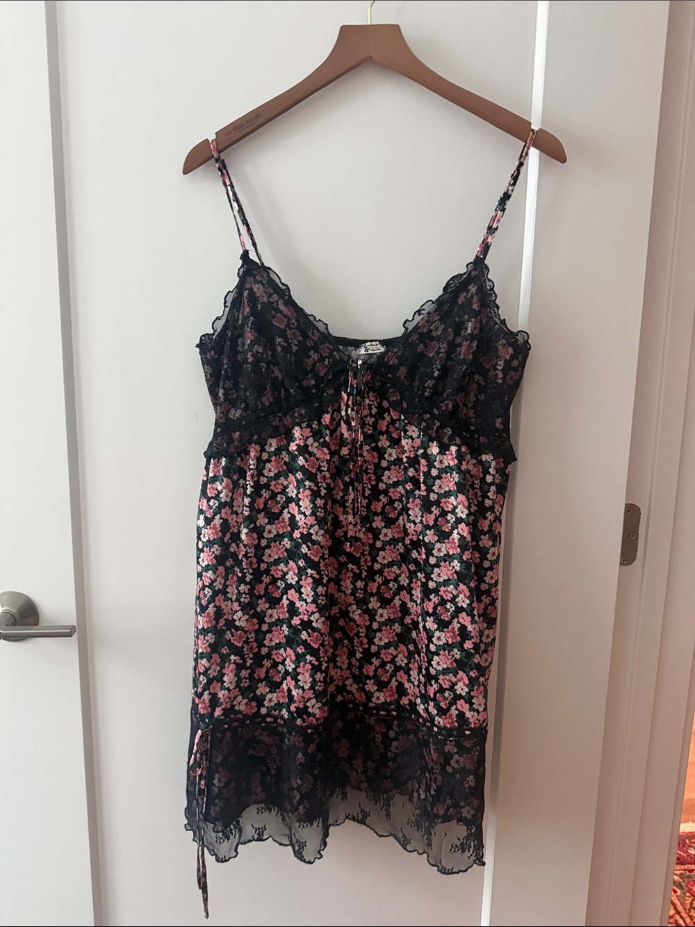 Free People Black Slip with Pink Floral Lace Trim